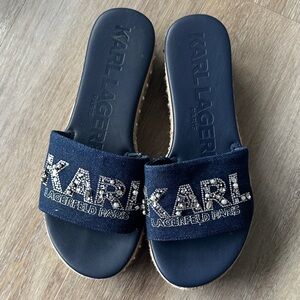 Karl Lagerfeld Navy Slide Sandals with Embellishments